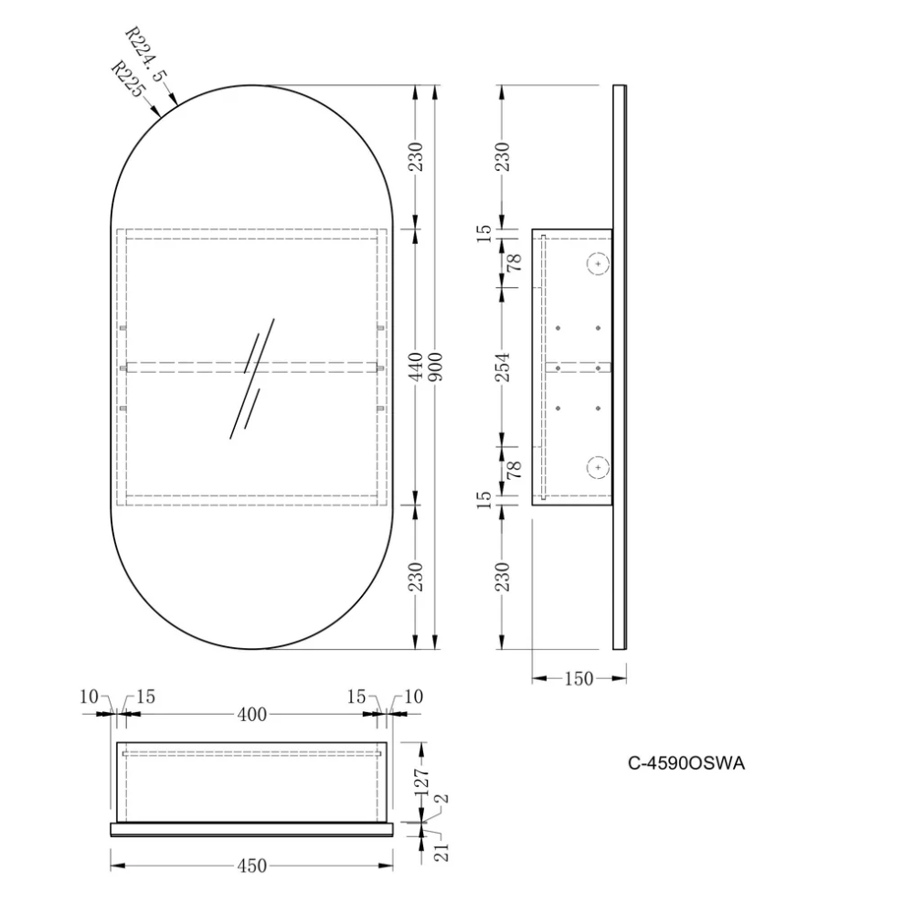 Noble 450x900mm Pill Shaving Cabinet with or without LED. Available in Matte White or Walnut.