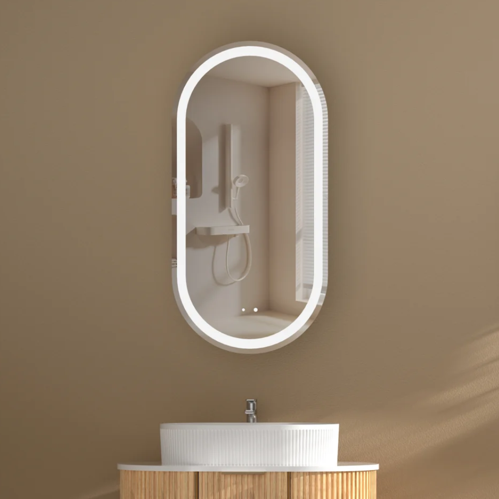 Noble 450x900mm Pill Shaving Cabinet with or without LED. Available in Matte White or Walnut.