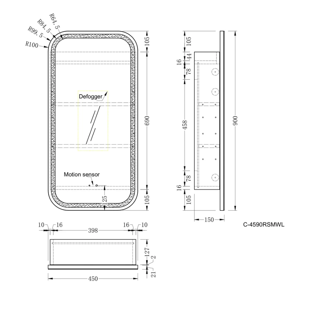 Earls 450x900mm Squircle Shaving Cabinet with or without LED.