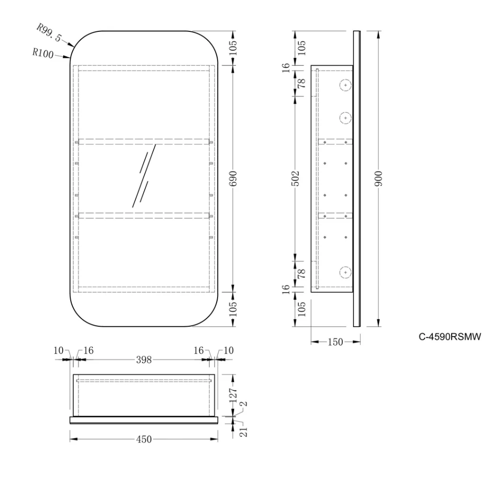 Earls 450x900mm Squircle Shaving Cabinet with or without LED.