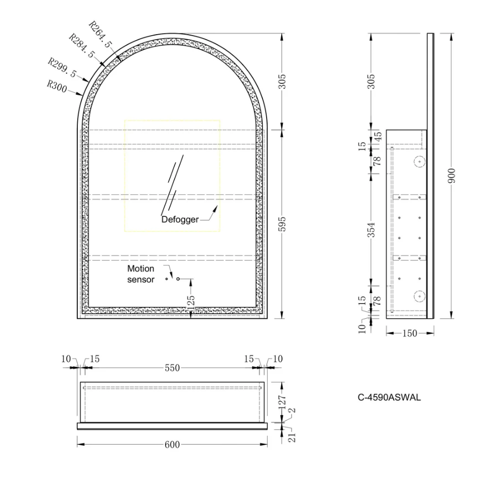 Imperial Matte White/Walnut Arch Shaving Cabinet with LED 600x900mm