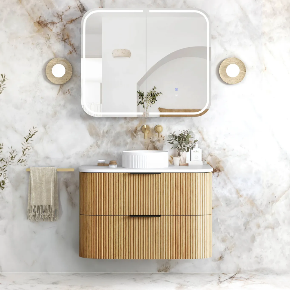 Havana 900mm Woodland Oak Fluted Wall Hung Fluted Curve Vanity