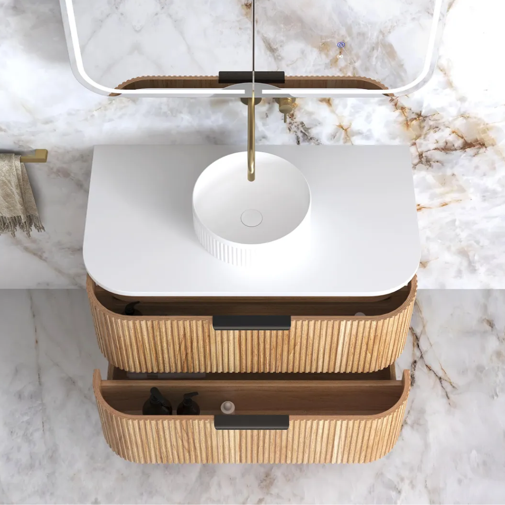 Havana 900mm Woodland Oak Fluted Wall Hung Fluted Curve Vanity