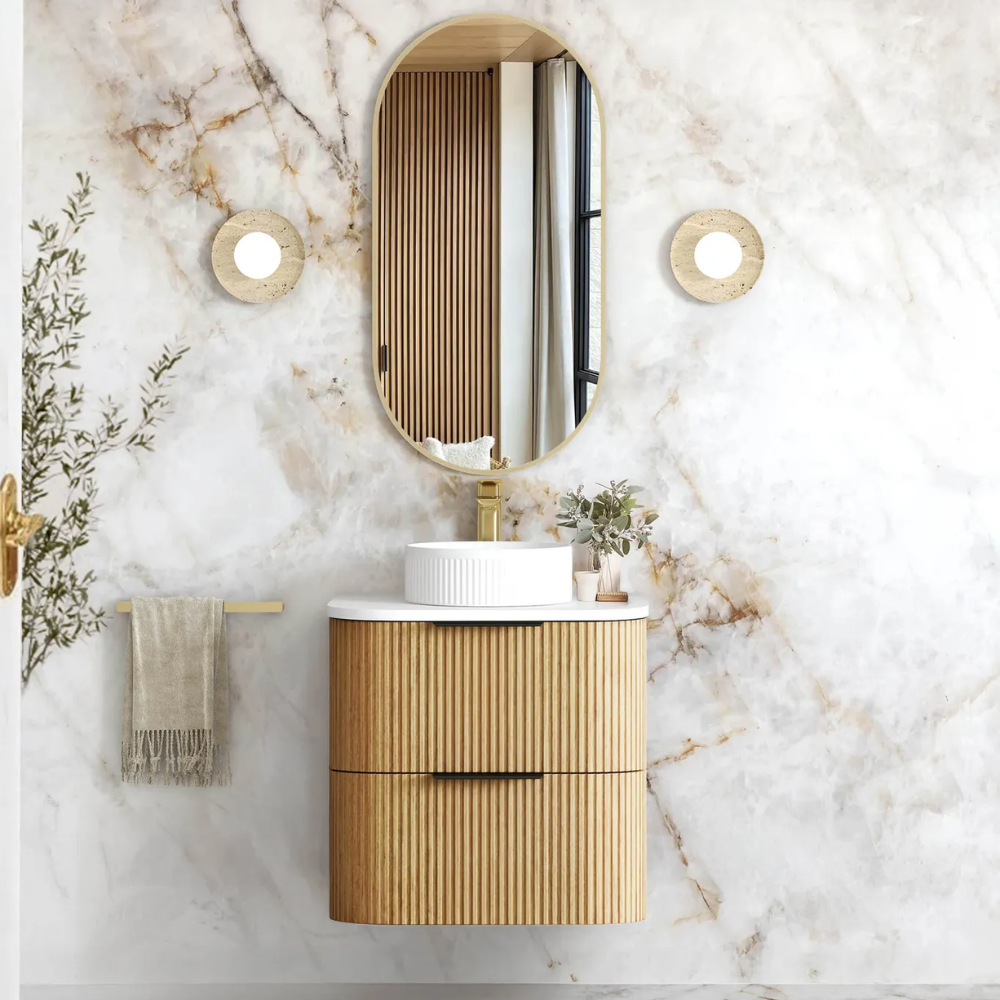Havana 600mm Woodland Oak Fluted Wall Hung Fluted Curve Vanity