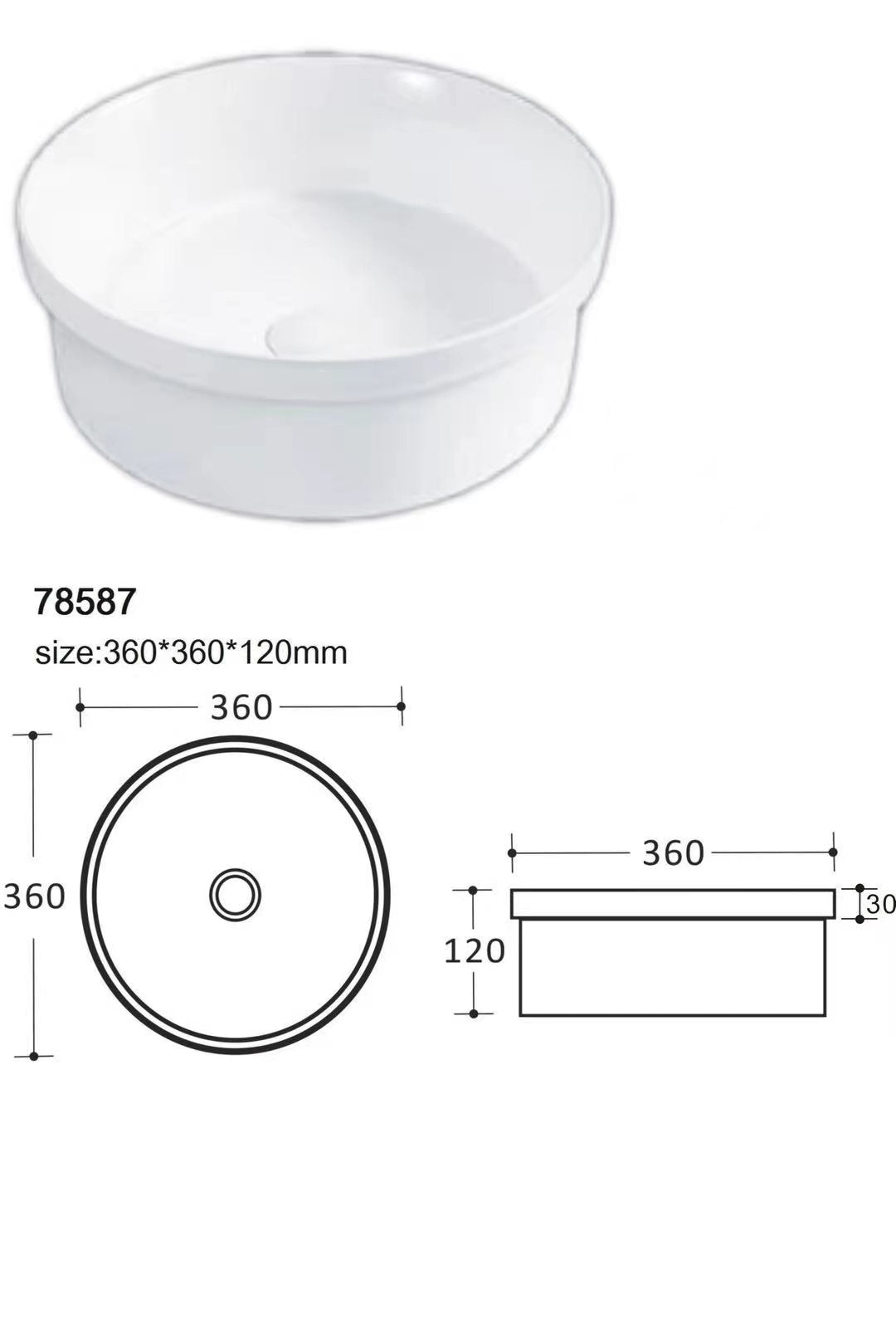 360mm Round In-Set Basin 360x360x30 (lip)