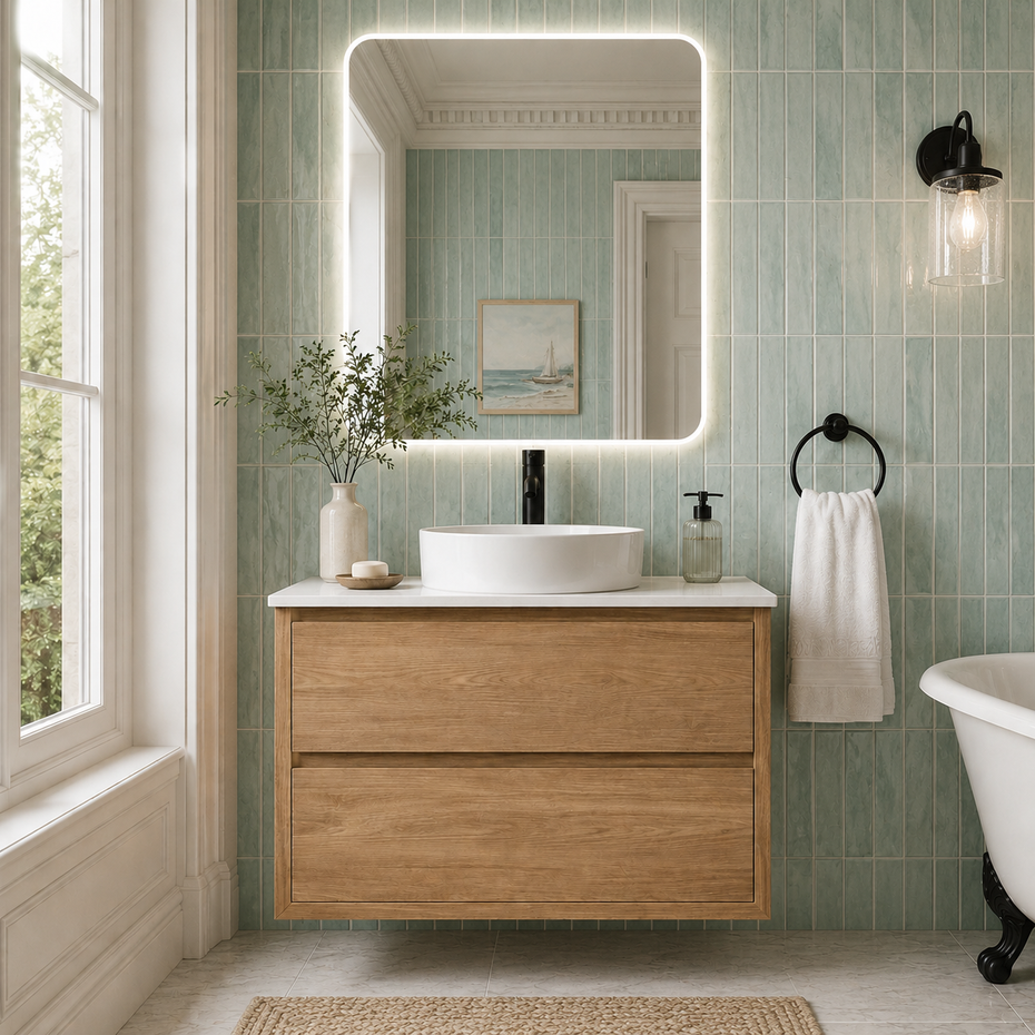 Sahara (MK2) 900mm Wall Hung Natural Oak Timber Veneer Bathroom Vanity