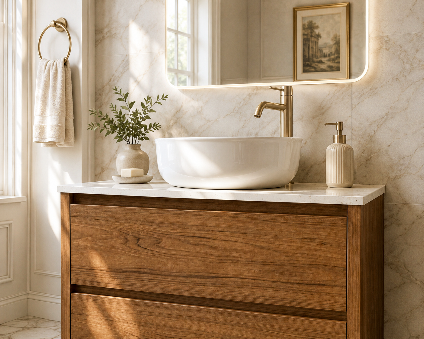 Sahara (MK2) 1500mm D Wall Hung Walnut Timber Veneer Bathroom Vanity