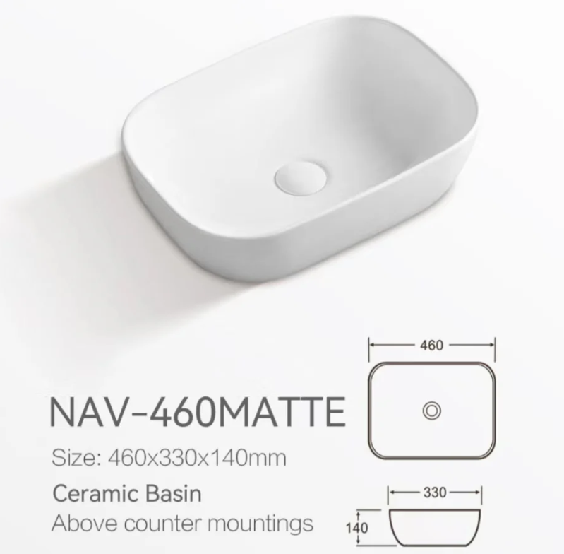 460X330X140MM MATTE WHITE ABOVE COUNTER CERAMIC BASIN