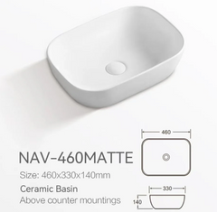 460X330X140MM MATTE WHITE ABOVE COUNTER CERAMIC BASIN
