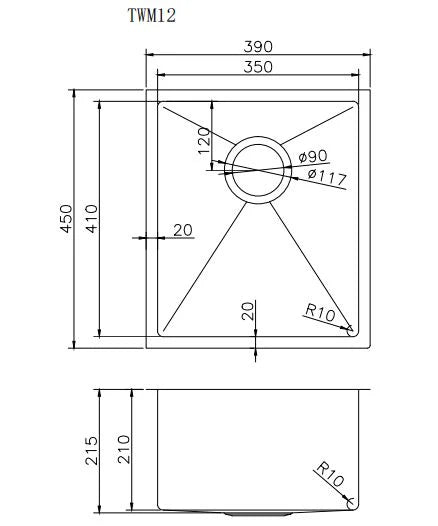 390x450x215mm 1.2mm Handmade Top/Undermount Single Bowl Kitchen Sink TWM12