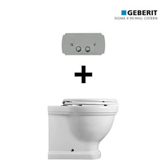 Claremont Floor Mounted Pan & Seat + Geberit In-wall Cistern + Traditional Flush Plate