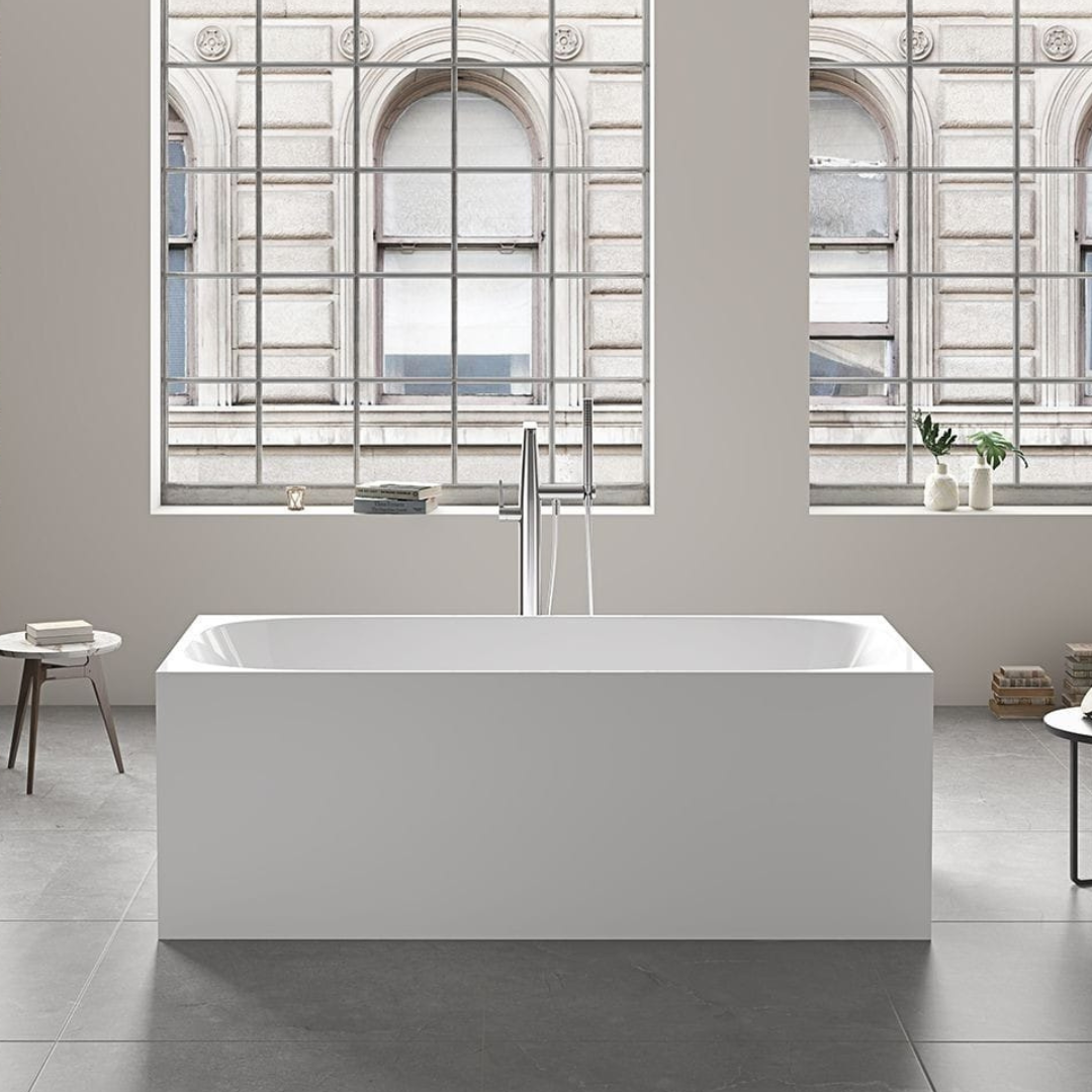 STUDIO SQUARE FREESTANDING Back to Wall Bath 1500mm White Acrylic
