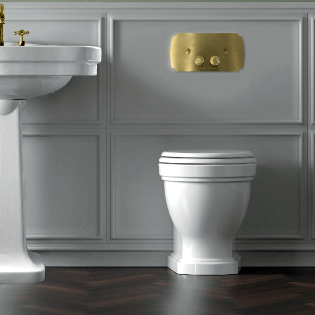 Claremont Floor Mounted Pan & Seat + Geberit In-wall Cistern + Traditional Flush Plate
