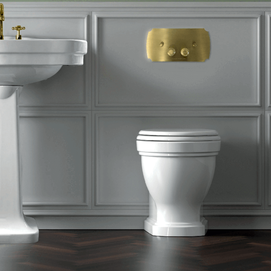 Claremont Floor Mounted Pan & Seat + Geberit In-wall Cistern + Traditional Flush Plate