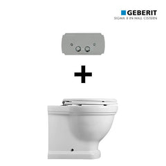 Claremont Floor Mounted Pan & Seat + Geberit In-wall Cistern + Traditional Flush Plate