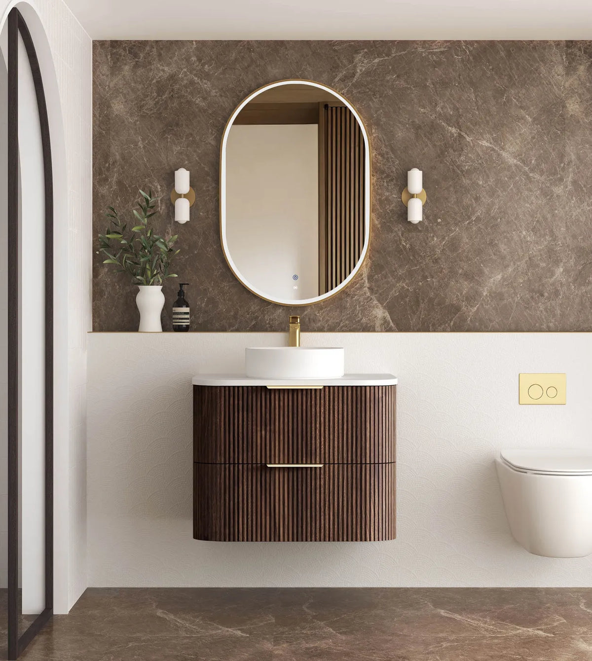 Havana 750mm Sable Walnut Fluted Wall Hung Curve Vanity