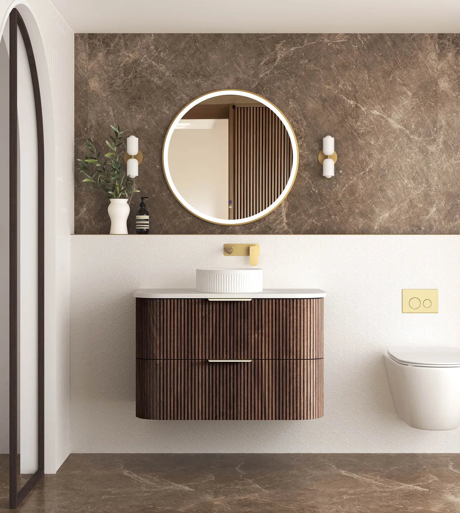 Havana 900mm Sable Walnut Fluted Wall Hung Curve Vanity