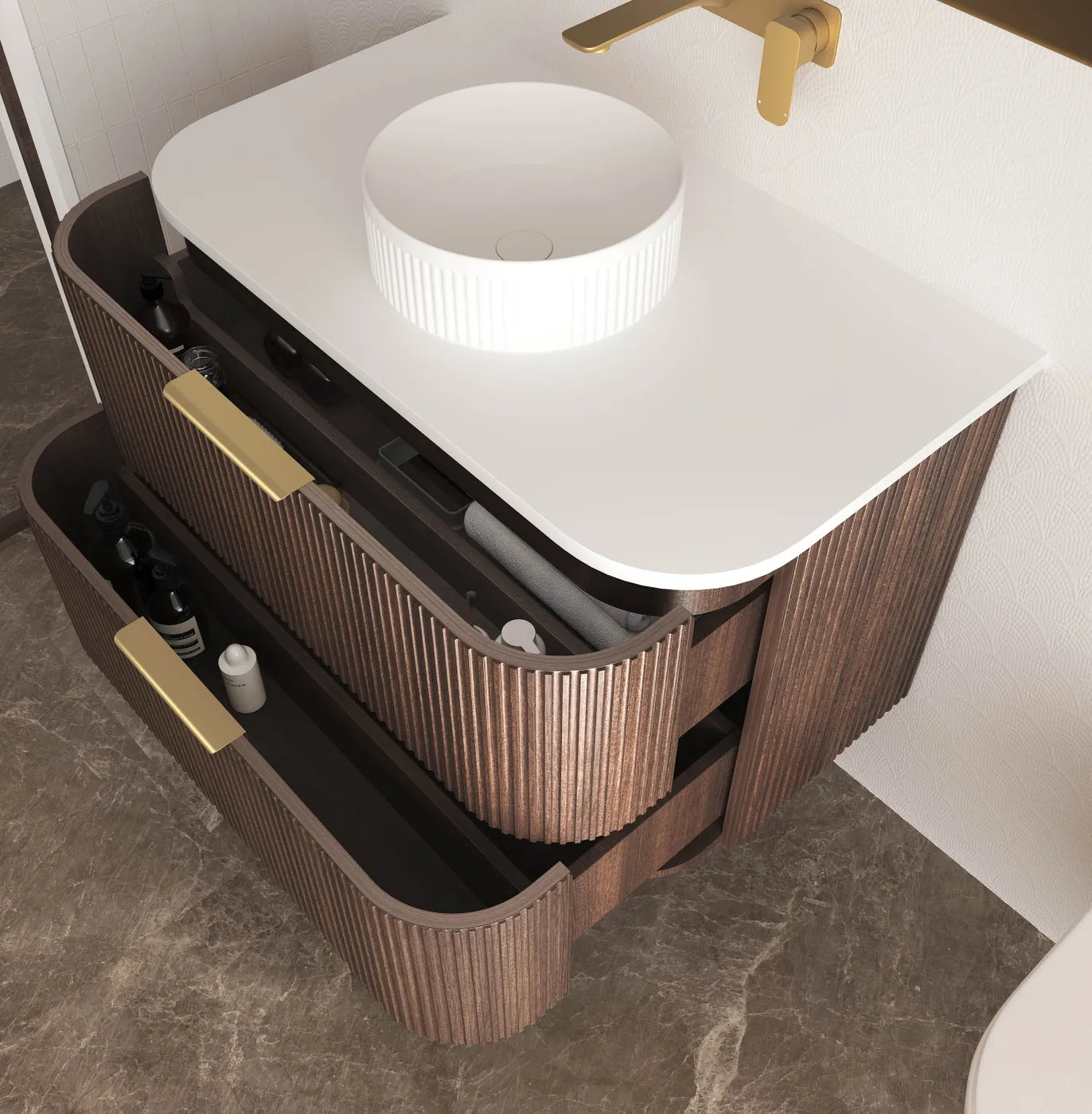 Havana 900mm Sable Walnut Fluted Wall Hung Curve Vanity