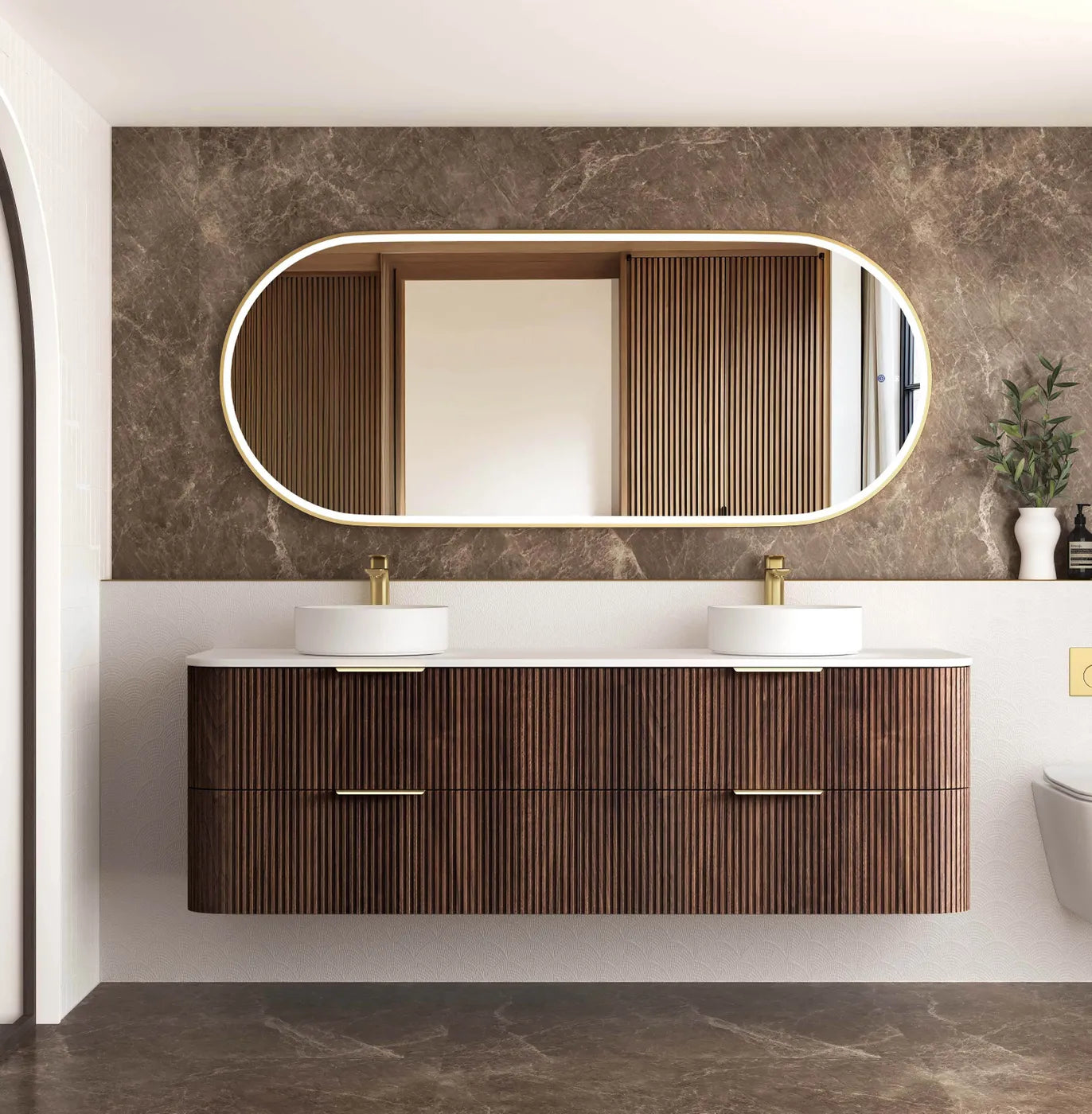 Havana 1800mm Sable Walnut Fluted Wall Hung Curve Vanity