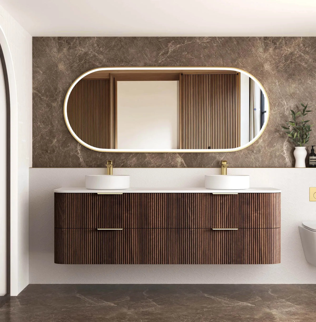 Havana 1800mm Sable Walnut Fluted Wall Hung Curve Vanity