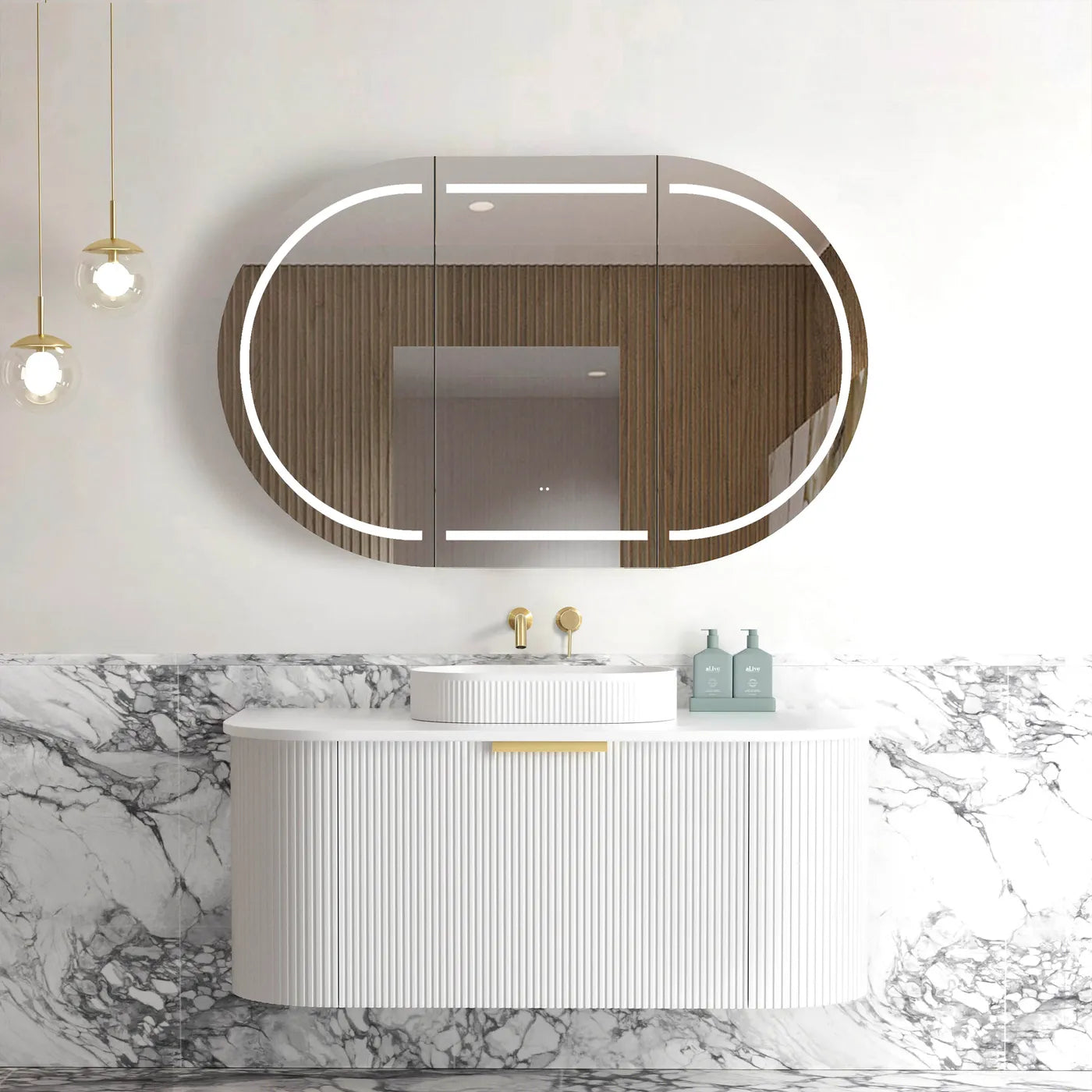 BONDI 1200MM SATIN WHITE FLUTED WALL HUNG CURVE VANITY
