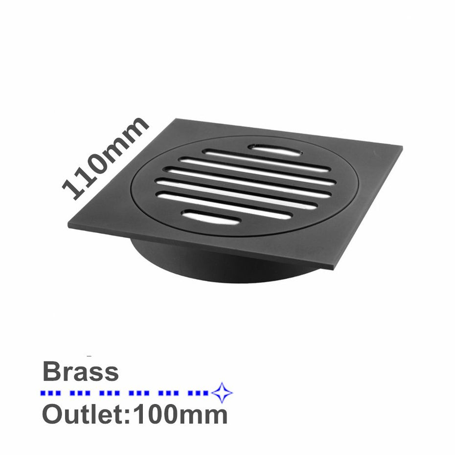 Square Black Brass Floor Waste Shower Grate Drain Outlet 100mm 110mmx110mm