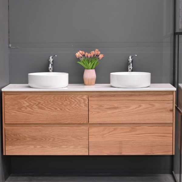 Amazon 1500mm Wall Hung American Oak Timber - Double Basin