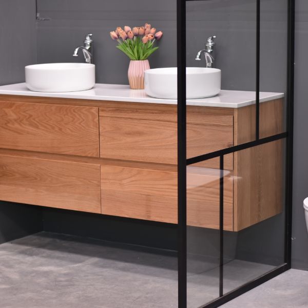 Amazon 1500mm Wall Hung American Oak Timber - Double Basin