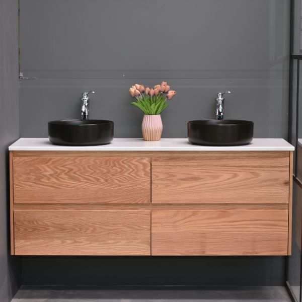 Amazon 1500mm Wall Hung American Oak Timber - Double Basin