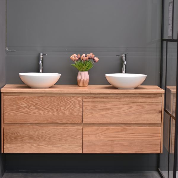 Amazon 1500mm Wall Hung American Oak Timber - Double Basin