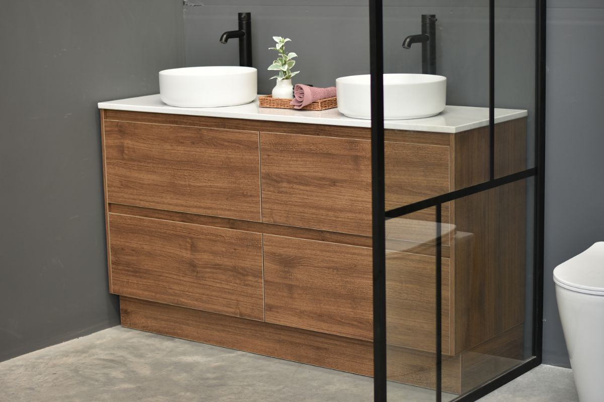 MEL 1500MM FREESTANDING MELAMINE TIMBER LOOK MODERN BATHROOM VANITY (FREE DELIVERY UNAVAILABLE ON CLEARANCE ITEMS)