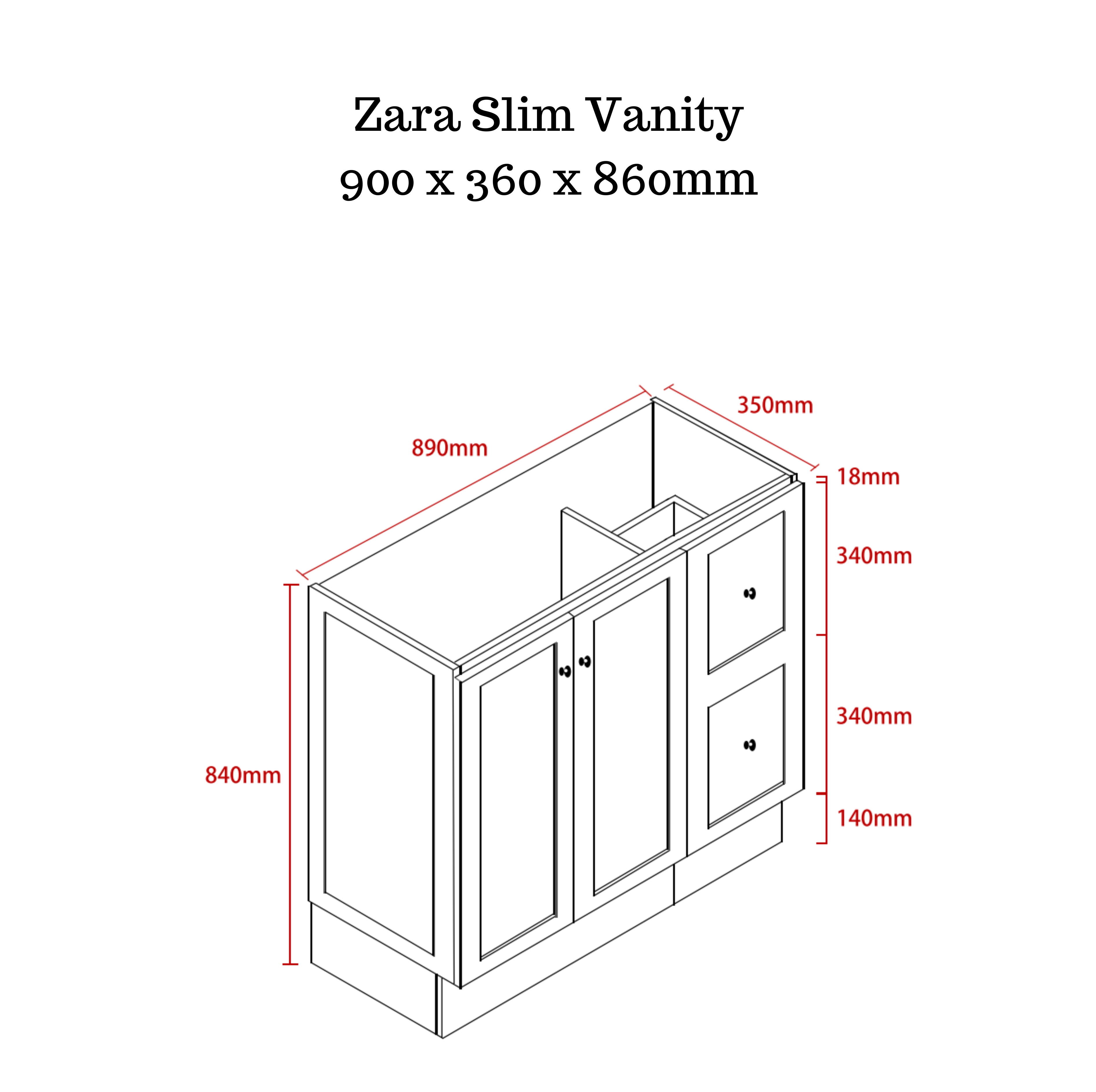 Zara 900mm Hampton Shaker Style Slim Powder room Vanity