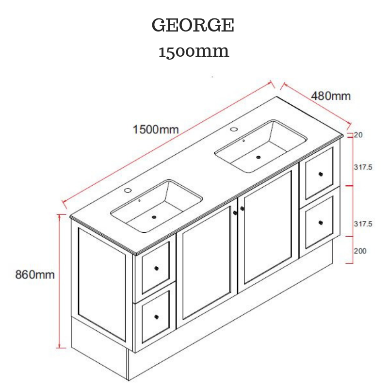 George 1800mm Hampton Shaker Style Freestanding Bathroom Vanity (Single or Double Basin) - Made to order