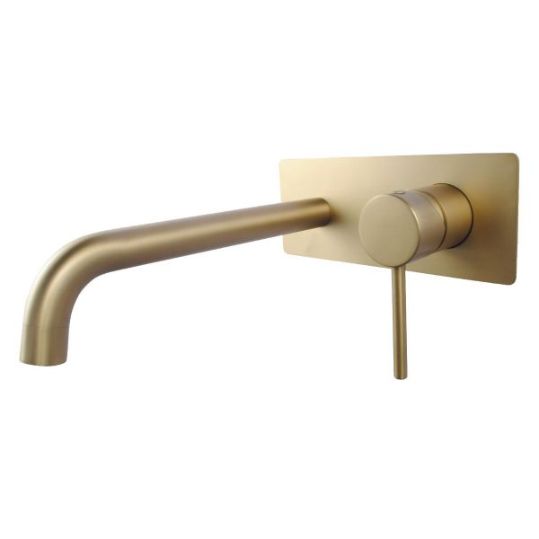 Pin Handle Wall Mixer set with Curved Spout on Plate Brushed Gold - Pentro WMT44.04