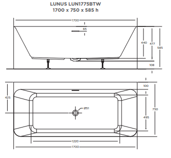 LUNUS Back-to-wall bath-GLOSS WHITE 1500mm