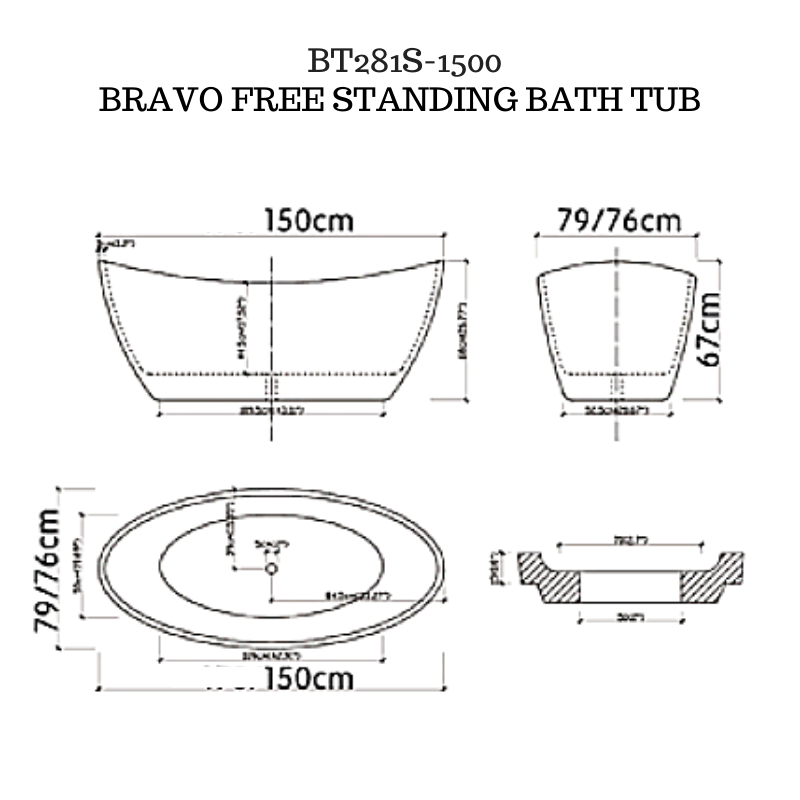 Bravo Oval shape freestanding Bath tub - 1700mm
