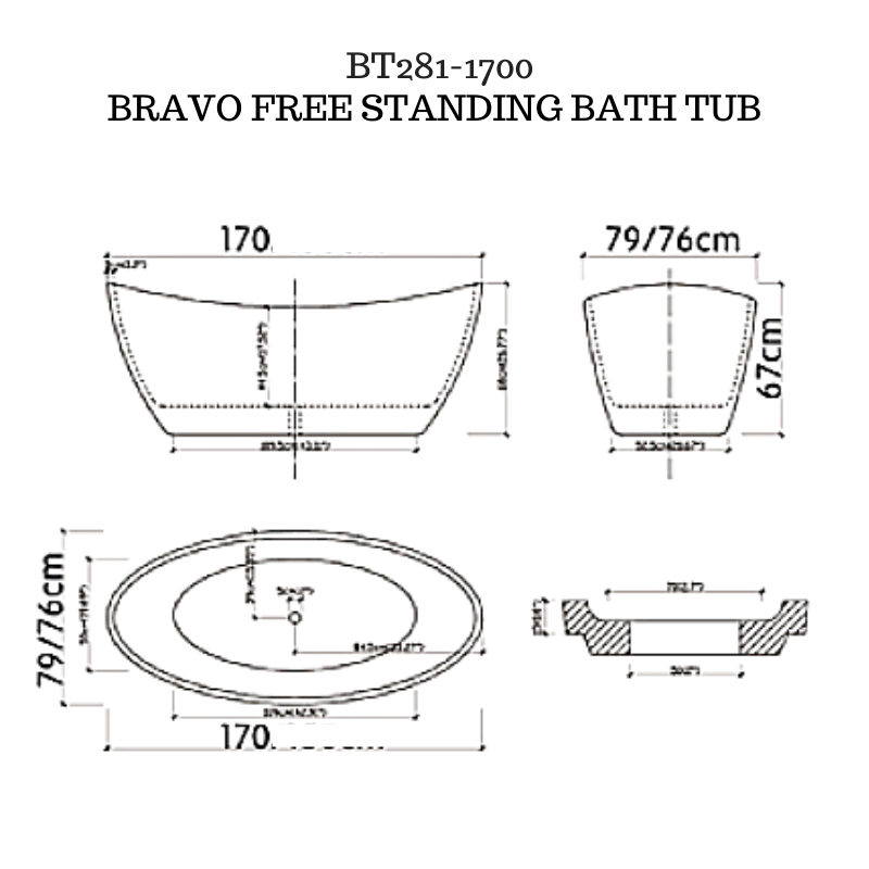 Bravo Oval shape freestanding Bath tub - 1700mm